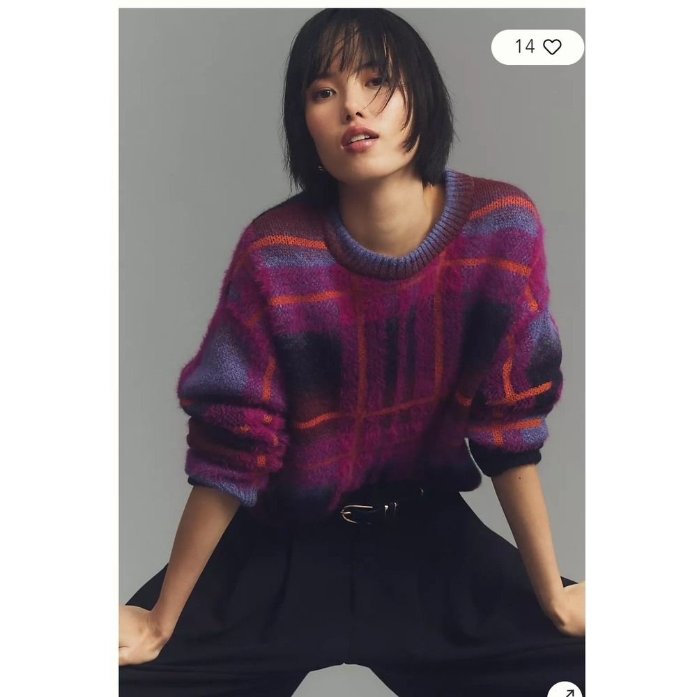 Maeve Anthropologie Fuzzy Plaid Sweater Womens XS Purple Multi Excellent Cropped